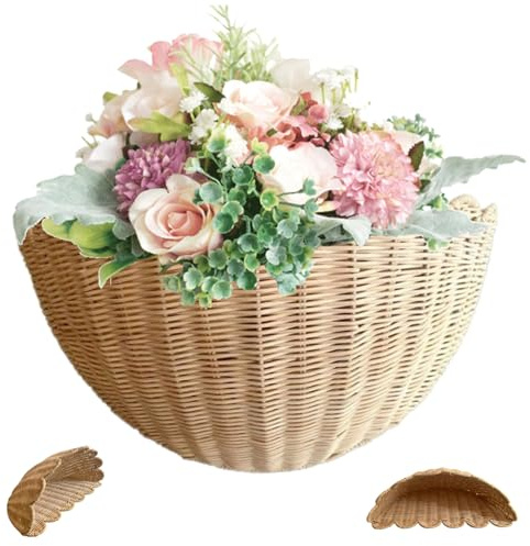 Cesto da appendere in vimini da 14 x 6 x 8 pollici. Bagno con pianta da frutto intrecciata a parete rustica smerlata