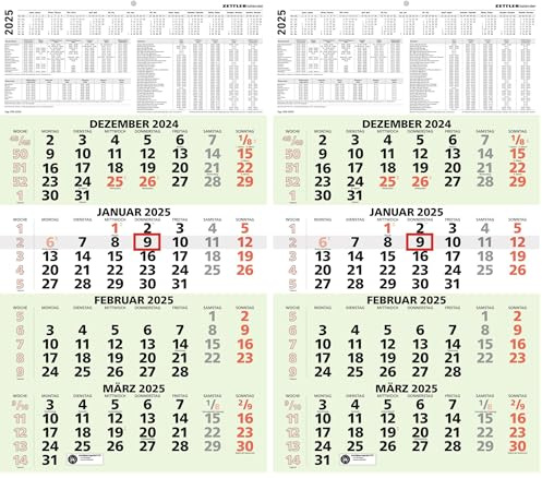 Zettler - 4-Monatskalender Recycling 2025, 33x58,8cm, Bürokalender mit Jahresübersicht, Blauer Engel, Datumsschieber, faltbar, 4 Monate auf einen Blick, Feiertage DE und deutsches Kalendarium