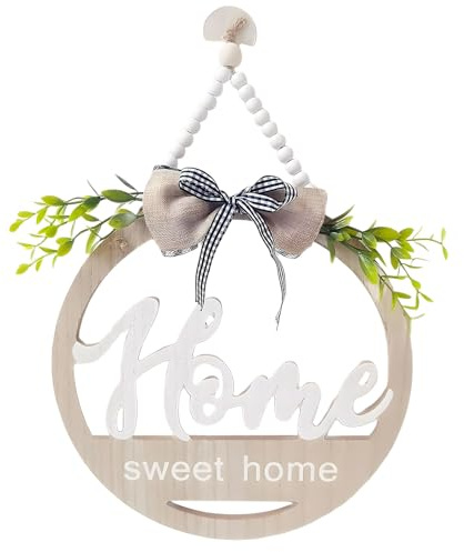 Timasser 23x23 cm Willkommensschild Haustür Türkranz Türdeko aus Holz mit Blumen und rustikalen Perlen Home Sweet Home Deko zum Aufhängen für Außen und Innen (A)