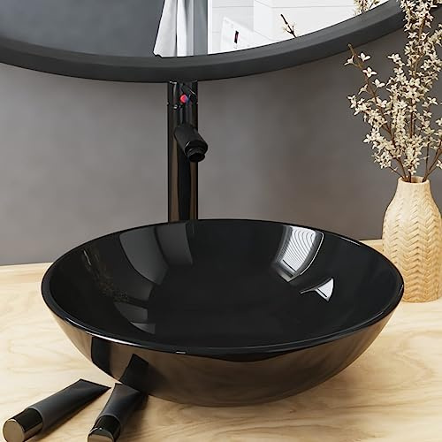 Lumanois Lavabo de baño Grifo y desagüe de Empuje Vidrio Templado Negro,Lavabos y fregaderos,Lavabos,8.08kg-3098450
