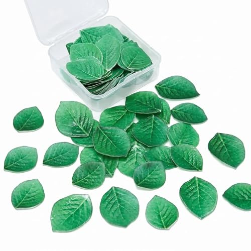 100Pcs Edible Green Leaves Cake Toppers, Edible Paper Leaf Cake Decorations, Mixed Size Edible Leaves for Cakes, Realistic Edible Cupcake Toppers for Birthday Summer Jungle Hawaii Theme Party
