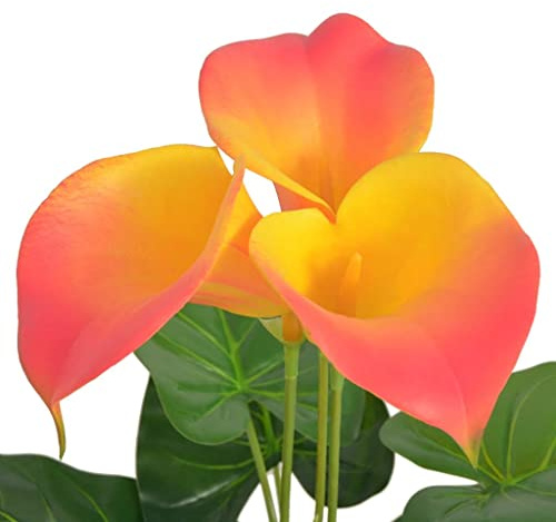 Künstliche Calla-Lilie mit Topf 45 cm Rot und Gelb, Kunststoffblume mit 9 Blättern und 3 Blüten, pflegeleichte Kunstpflanze für Wohnzimmer, Büro, Balkon, Indoor und Outdoor Dekoration