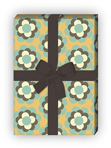 Edles 70er Jahre Geschenkpapier Set (4 Bogen), Dekorpapier mit Retro Blüten Muster für Geschenk Verpackung zur Geburt, Ostern, Geburtstag, Hochzeit, Weihnachten 32 x 48cm, in beige hellblau