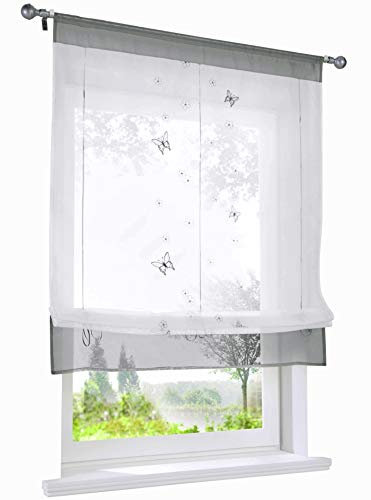 Raffrollo mit Schmetterling Bestickt Gardine Tunnelzug Transparent Voile Vorhang (BxH 80x120cm, Grau)
