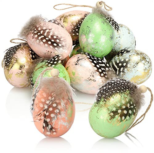 COM-FOUR® 12x Uova di Pasqua da appendere 7 x 4 cm - elegante decorazione sospesa per il cespuglio di Pasqua - uova di Pasqua colorate con piume e perline di legno dall'aspetto lucido