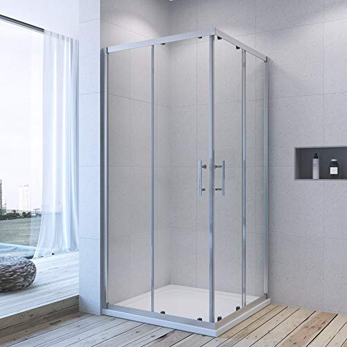 Duschkabine Eckeinstieg 90x90 x 185 cm Schiebetür Glas Eckdusche Duschabtrennung Duschtrennwand Glaswand Duschwand Doppel Duschtür Alumuniumprofile silber matt ESG Sicherheitsglas Echtglas AQUABATOS