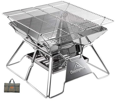 Campingmoon Campinggrill, Edelstahl, faltbar, tragbar, Holzkohlegrill, 35,6 cm, mit Tragetasche MT-2