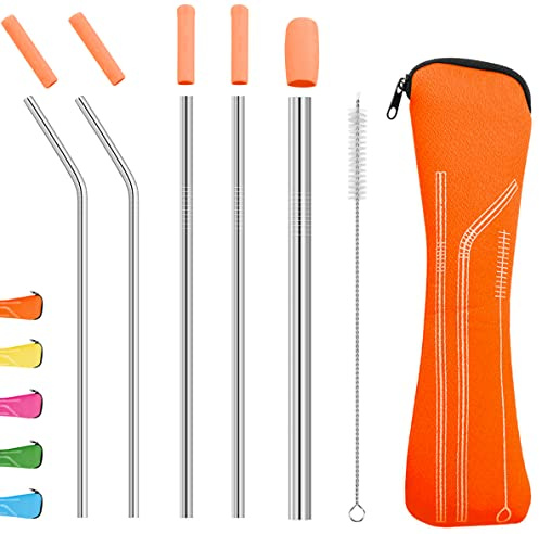 Lot de pailles réutilisables en métal avec couvre-chef en silicone, brosse de nettoyage et sac de rangement, convient pour smoothies et boissons chaudes et froides, pailles en acier inoxydable de