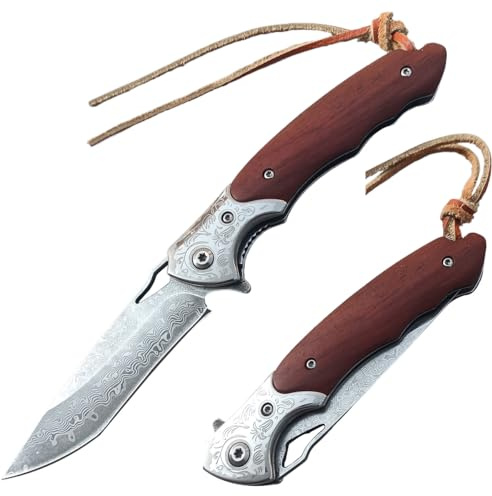 BFYLIN Damast Taschenmesser Klappmesser, VG10 Damaststahl Outdoor Taschenmesser, Damastmesser Jagdmesser mit Holzgriff, Survival Messer Campingmesser (Damast)