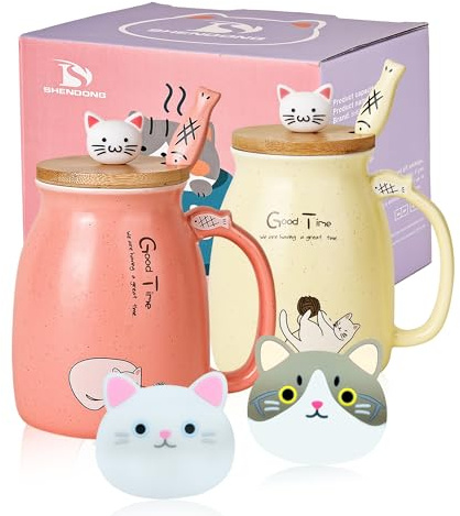 SHENDONG 2-pack kattmuggar söta keramiska kaffekoppar set med 2 med Kawaii bambulock och sked nyhet morgonkopp kaffe mjölk te muggar – 3D-djur kattmuggar för kattälskare kvinnor gåvor (röd och gul)