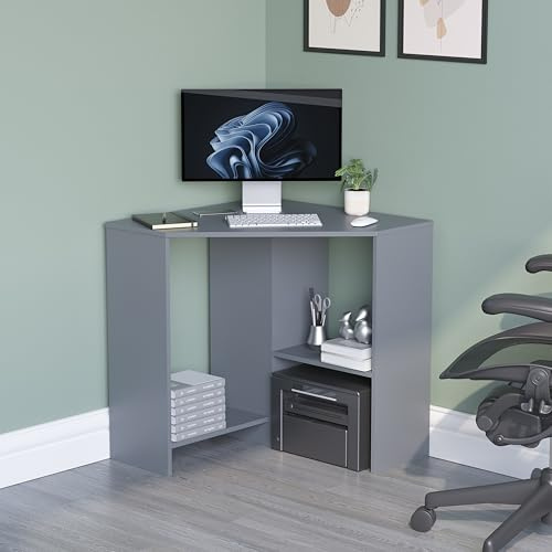 Vida Designs Hetton Corner Computer Desk with Shelves, Home Office PC/Laptop Table, Gaming Study Workstation, Furniture, Grey