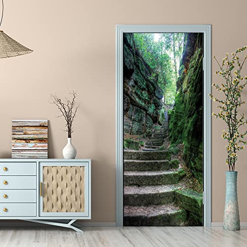 stickers paroi de douche 90x215cm(35.43 inches * 84.64 inches)Escalier haute montagne 3D Sticker de Porte Trompe l'Oeil Effect Auto-Adhésif Amovible Autocollant pour Décor Cuisine Chambre Salle de Bai