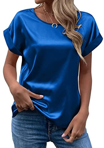 CGGMVCG Frauen Sommer Tops Frühling Sommer Damen Kurzarm Seide Satin Shirt Lose Casual Rundhals Blusen