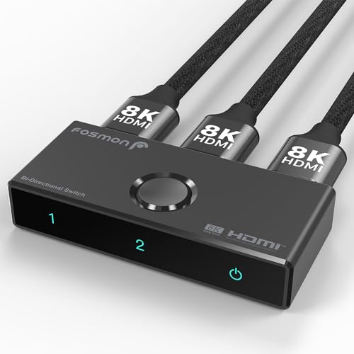 Fosmon 8K HDMI Switch Dubbelriktad, HDMI 2.1 Switcher 2 in 1 ut / 1 in 2 ut, Stöder 8K@60Hz 4K@120Hz HDR10+ HDCP 2.3, 48Gbps HDMI Splitter Kompatibel med PS5, Xbox, Apple TV, PC