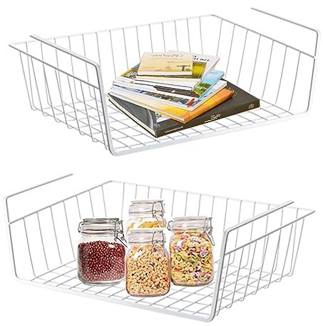 Under Shelf Storage Basket,WEERSTONE Under Shelf Hanging Metal Wire Storage Basket Organizer Removable for Kitchen, Cupboards, Shelves, Cabinet, Bathroom, Office (2 Pack White)