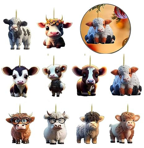 10 pcs Cute Cartoon Cow Decorative Hanging Ornament DIY Christmas Tree Ornament Lovely Animal Home Decor Cars Backpacks Acrylic Highland Cow Pendants Christmas Tree Decorations(Non-3D)