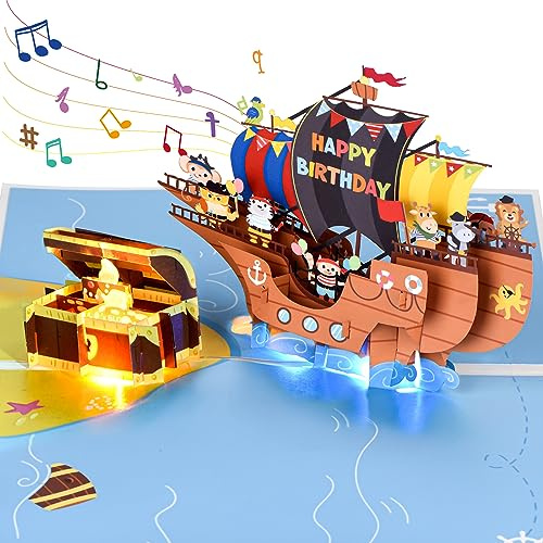Musikalische Geburtstagskarte, 3D Piraten Geburtstagskarte mit Lichtern für Kinder Kinder Enkel (Piratenschiff)