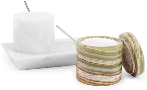 Radicaln Juego de 2 cuencos de mármol con tapa y bandeja, 7,6 cm (3 piezas), blanco y verde, acabados a mano, Ideales como bandeja y azucarero para la encimera de la cocina