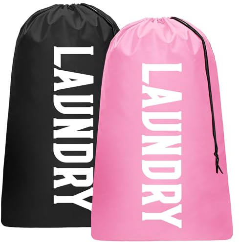 2 Pack XL Travel Laundry Bag, Machine Washable Dirty Clothes Organizer, Large Enough to Hold 4 Loads of Laundry, Easy Fit a Laundry Hamper (Black + Pink)