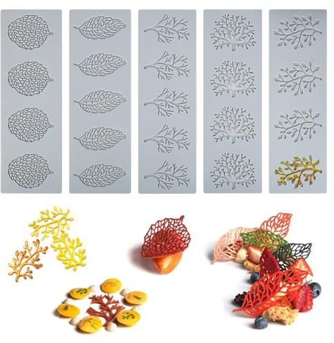 RUCUDIM Blätter Silikonform 5 Stück Silikonformen Pralinenform Silikon für Kuchenrand Dekoration 3D Hohle Blätter Form für Backen Harz Zucker Handwerk Kuchen Dekoration