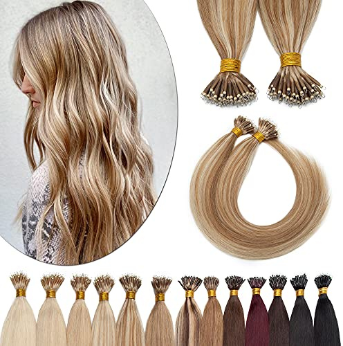 SEGO Nano Tip Hair Extensions Human Hair Balayage Nano Ring Beads Pre-bonded Seamless Highlight Extensions for Women 1g/strand 50g/pack -18 Inch 12P613 Golden Brown&Bleach Blonde