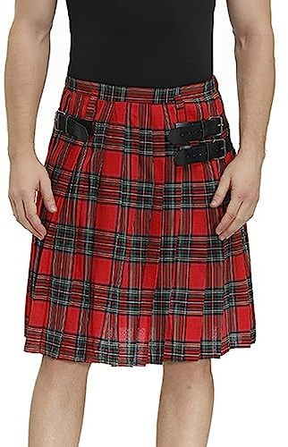 Kilt Tradicional de Lana Acrílico con Correa de Cuero para Hombre - Falda Escocesa Gótica Plisada Clásica, Rojo, L