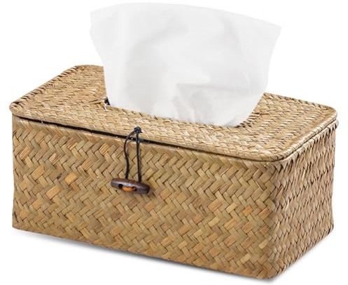 23 * 13 * 9cm Braun Taschentuchbox aus Rattan: Haushalt dekorativer gewebter Papierhalter, Rechteckige Seegras-Kosmetiktuchbox für Bäder, Küchen, Büros, Rechteckig