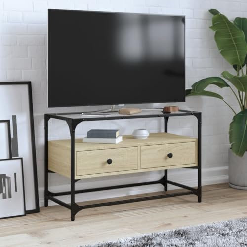 Homgoday TV-Schrank aus Glas, Sonoma-Eiche, 80 x 35 x 51 cm, mehrschichtiges Holz, Dekor für TV-Möbel, TV-Schrank, Wohnzimmer, niedriger Schrank für industrielle Wohnzimmer, TV-Ständer