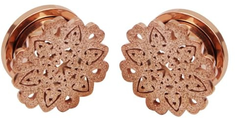 Grewod Plug Ohrringe Damen, Edelstahl Rosegold Rund mit Hohl Blume Ohr Tunnel Flesh Tunnel Ohr Expander Piercing Schmuck 14MM, 2 Stück