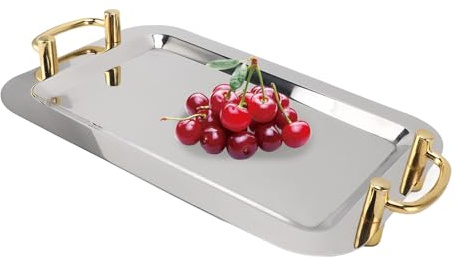 Jiawu Vassoio da Portata in Acciaio Inossidabile 304, Squisito Ed Elegante Vassoio da Portata in Metallo Decorativo Lucidato a Specchio con Manici Dorati per Buffet, (Rettangolare