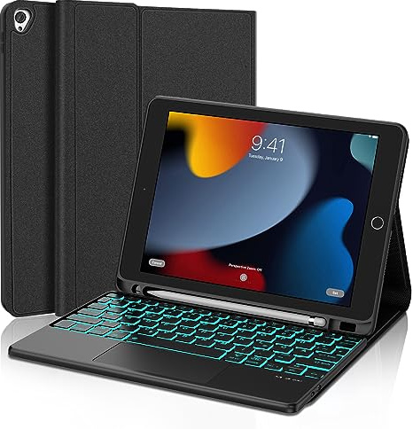 FOGARI Tastatur Hülle mit Touchpad für iPad 10.2 Zoll (9/8/7 Generation) 2021/2020/2019, 7 Farben Beleuchtung Deutsches QWERTZ Wiederaufladbar Abnehmbarer Tastatur Air 3, Pro 10.5, Schwarz