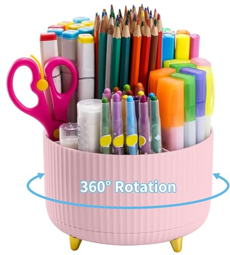 Marbrasse Organisateur de Bureau,360-Degrés Rotatif 5 Compartiments Organiseur,Porte-Crayons,Fournitures d'Art,Rangement pour Maison(Rose)