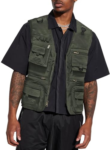 HAWILAND Safari Weste Herren mit Vielen Taschen Freizeit Ärmellose Weste Sommer Leichte Outdoor Anglerweste Armeegrün L