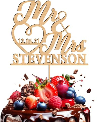KreateSquare Personalised Wedding Cake Topper, Custom Name & Date, Mr and Mrs Cake Topper, 3MM Wooden, Ideal Wedding Decoration, Engagement Decoration, Bride and Groom Cake toppers (Natural Wood)