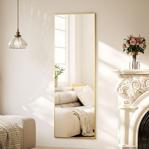BEAUTYPEAK helkroppsspegel 150 x 40 cm, golvspegel och väggspegel med aluminiumram, stötsäkert glas för distorsionsfri reflektion, perfekt för outfitkontroller, sovrum, korridorer guld