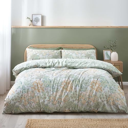 Catherine Lansfield Set copripiumino matrimoniale reversibile con federe, motivo fiori di bosco, verde