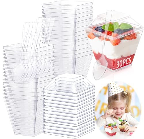 30 Pezzi Bicchieri da Dessert Quadrati in Plastica, 60 ml Con Coperchio e Cucchiai - Bicchieri Piccoli Riutilizzabili per Dolci Fai Da Te Gelato, Budino, Mousse, Festa, Picnic