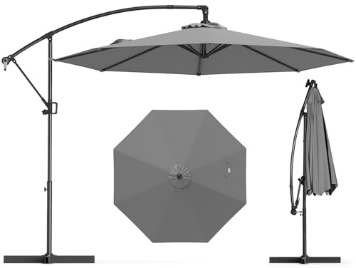Tangkula 10 FT Patio Offset Umbrella, Hanging Cantilever Umbrella w/X-shaped Base & 360° Rotation, Smooth Crank Handle, Vented Top, Outdoor Market Umbrella for Backyard, Deck (Grey)