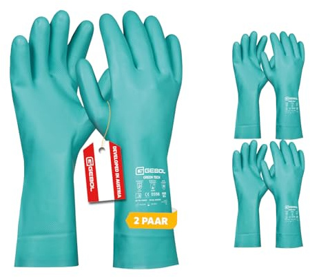 Gebol Green Tech, 2 Paar Lange Nitrilhandschuhe, Gummihandschuhe gegen Chemikalien, Säure & Öl, Wasserdichte Arbeitshandschuhe mit Waffelmuster für Putzen, Garten & Labor, XL (Gr. 10)