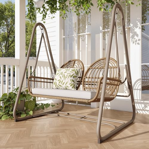 Gartenschaukel, Hollywoodschaukel mit Rückenlehne, Gartenmöbel-Set für den Außenbereich,Doppelschaukel aus PE-Rattan, 2 Sitze, Brauner Sitzrahmen und beiges Kissen (Beige+Yellow)