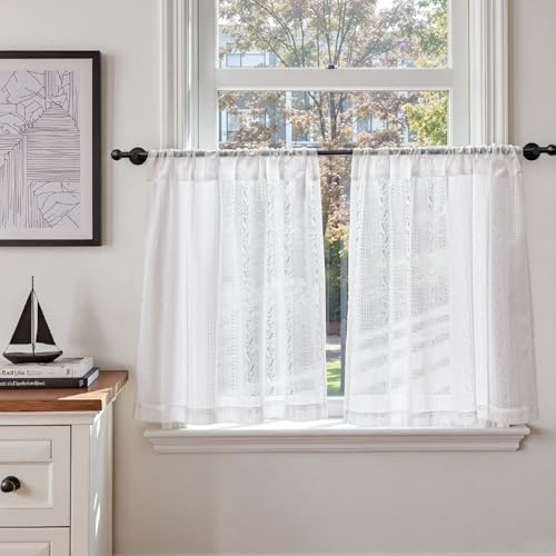TOPICK Scheibengardinen 2Stück mit Blättermuster Bistrogardine H60xB65 Weiß | Scheibengardinen Halbtransparent Kurzgardine Landhausstil Durchsichtig Voile Vorhänge Küchengardinen Wohnzimmer Fensterdeko