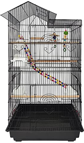 LILIIN Papageienkäfig Vogelkäfig Vogelvoliere Vogelhaus Metall Käfig Großer Vogelhaus mit Spielzeug, Rollen, für wellensittich Finken Kanarienvögel, Schwarz, 46x35,5x99cm, mit Dach