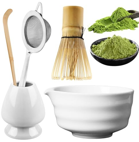 Matcha Set 5-teiliges Set, MatchaTee Set für Traditionelle Matcha-Zubereitung, Pulversieb, Bambus-Matcha-Schneebesen, Bambus-Teelöffel, Teebesen, Matcha-Schale, Matcha-Zubereitungsset(Weiß)