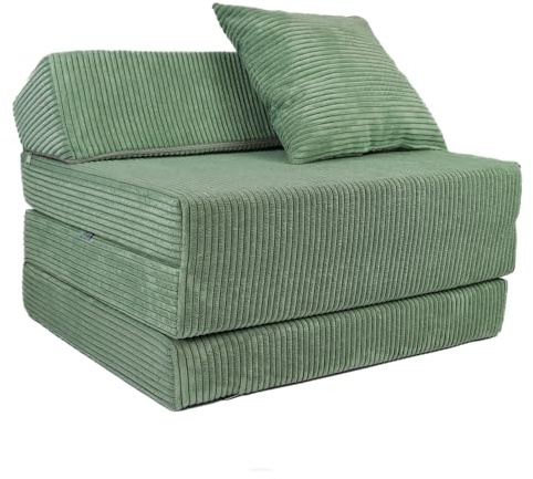 FORTISLINE - Klappmatratze 200x70x10cm mit Kopfteil & Kissen – Gästebett ausklappbar für Kinderzimmer & Camping Matratze Schaumstoff – Faltmatratze tragbar – Faltbare Matratze aus Cord – Hellgrün