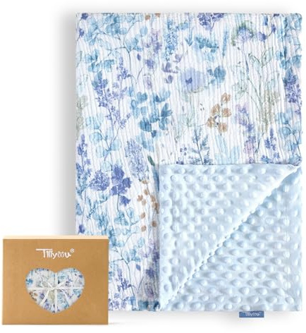 TILLYOU Babydecke Baumwolle 75x100 cm Doppelseitig Kinderdecke Musselin Decke Baby Krabbeldecke für Neugeborene, Blaue Blumen