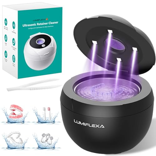 Lumiflexa Limpiador Ultrasonidos, 45KHz Limpiador Ultrasónico con 4 luces UV & con 4 programas, 200 ml, Maquina de Ultrasonido Para Dentaduras Postizas, Alineadores, Retenedores, Joyas (Negro)