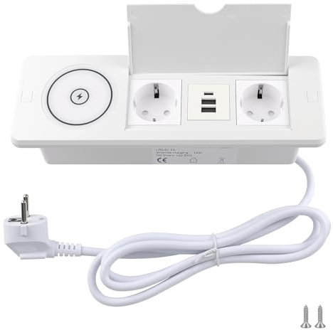 BlueXP 2Fach Weiß Einbausteckdose mit Wireless Charger Versenkbare Tischsteckdose mit USB C 2 USB Qi-Ladefläche Klappdeckel & 1,8m Kabel Einbau Steckdosenleiste für Küche Büro Schreibtisch