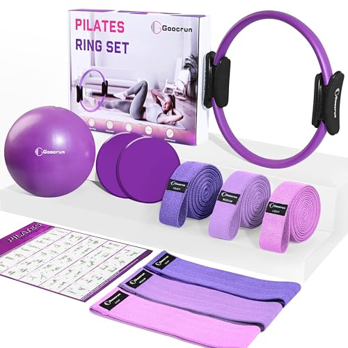 Goocrun - Set di anelli per pilates con fasce di resistenza in tessuto, palla per pilates, dischi scorrevoli, attrezzatura per allenamento, palestra a casa, poster incluso