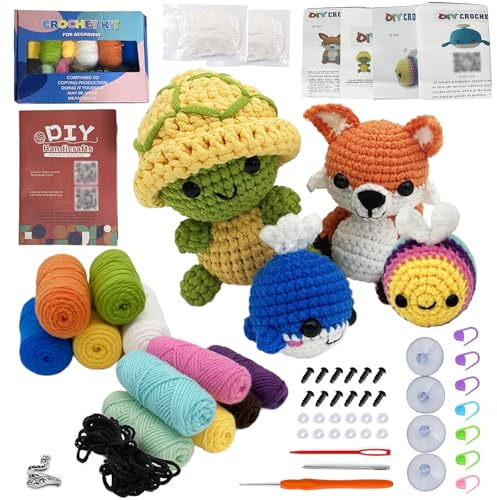 YUNXCNA Animales Agujas Crochet Kit Bricolaje, DIY Crochet Kit Principiantes, Juego de Completo Crochet Set con Video Tutorial e Instrucciones Paso a Paso (Ballenas, Abejas, Zorros, Tortugas)