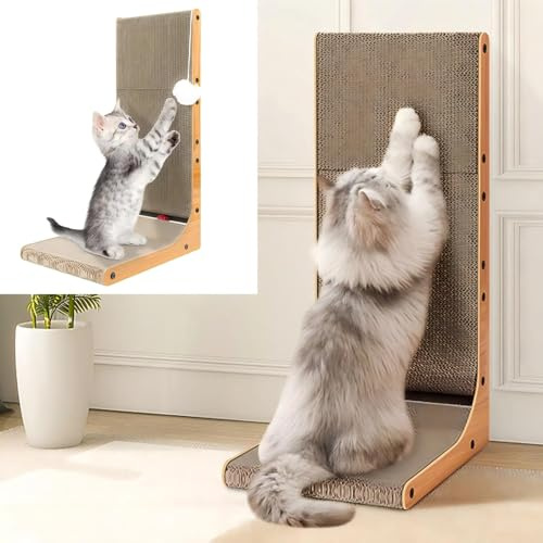 Tabla rascador para gatos, 68 cm, de cartón, para gatos domésticos y gatitos, pequeño rascador vertical en forma de L con juguete de pelota